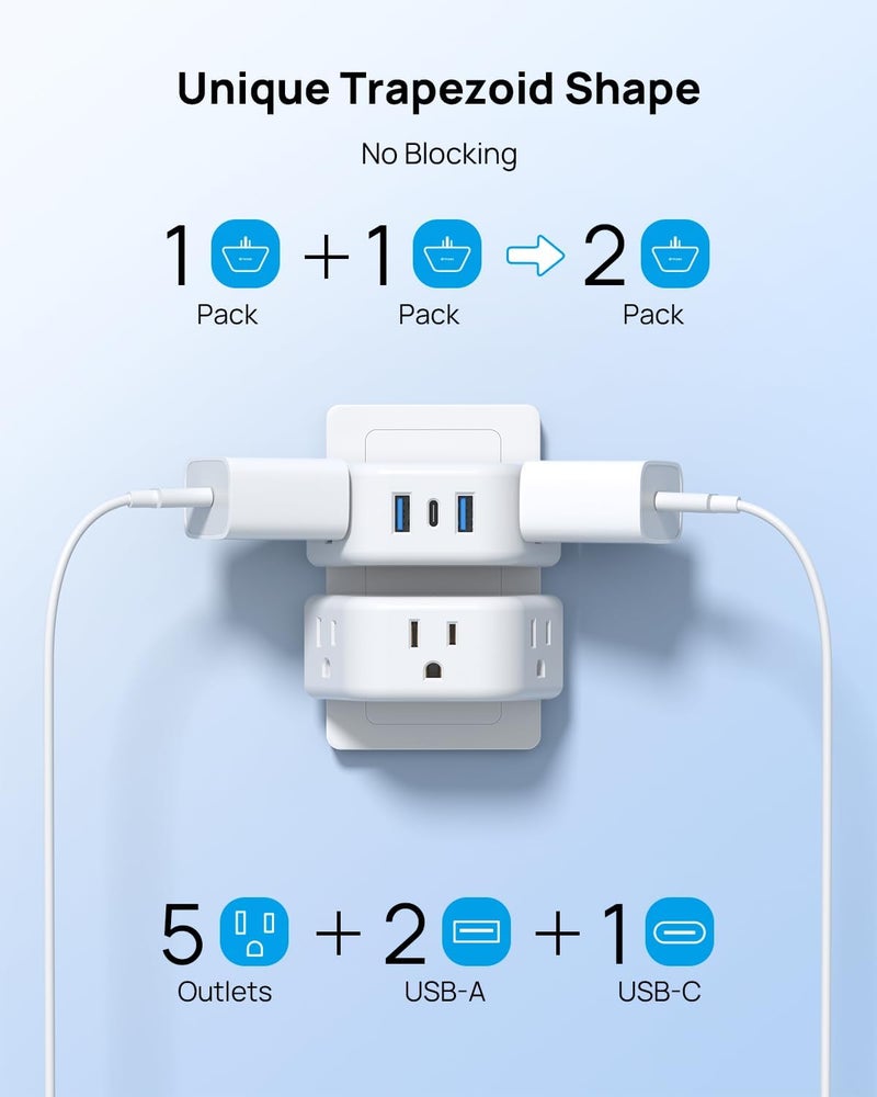 TROND Multi Plug Outlet Extender with USB - 2 Pack Wall Splitter, 3 Way Angled Outlet Adapter, Cruise Essentials, Small Multiple Expander for Cruise Ship Travel Home Office Dorm Room - Image 3